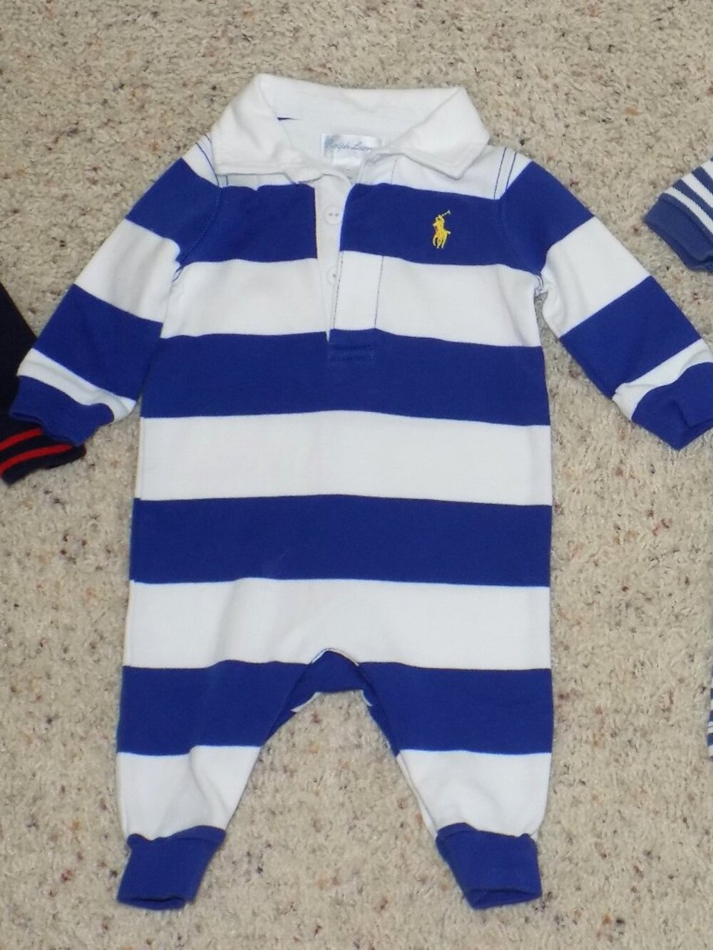Boys RALPH LAUREN Blue & White Striped Rugby Polo Romper Sz 3M Excellent Cond